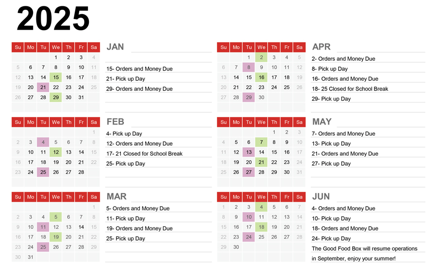 Good Food Box Calendar 2025 Jan-June